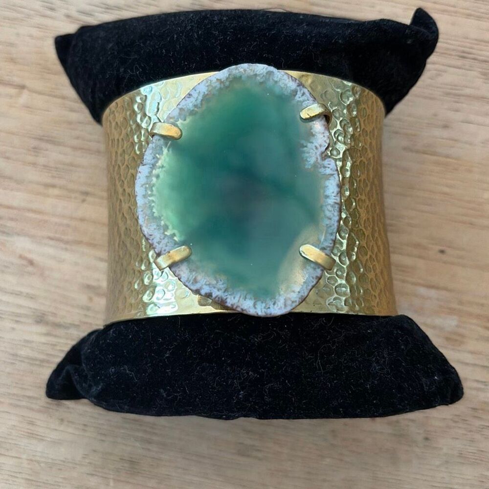 Statement cuff bracelet hammered, gold, and green agate stone